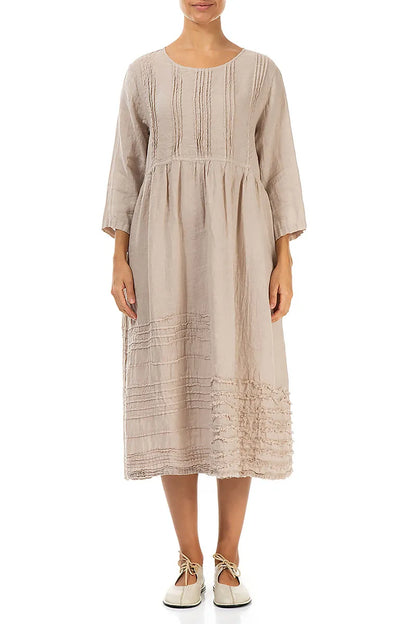 Pin Tucks Frayed Hem Beige Linen Dress 1