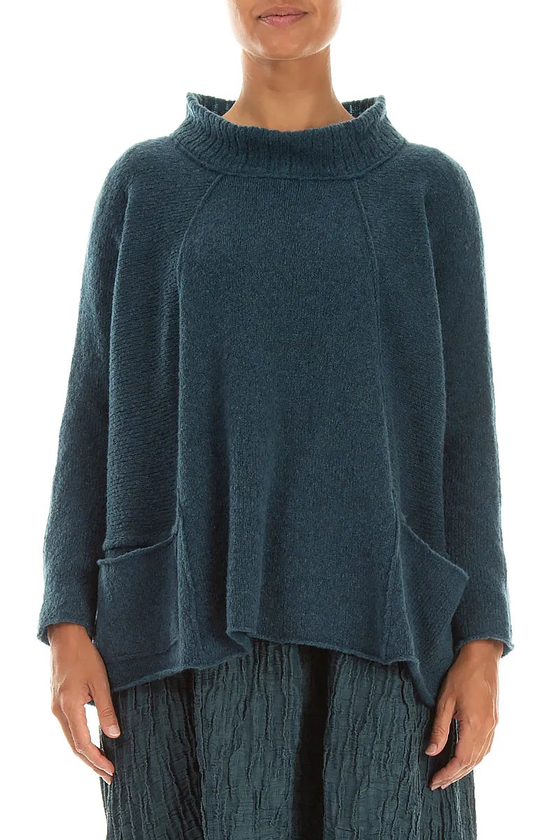 Ribbed Neck Teal Wool Sweater 1