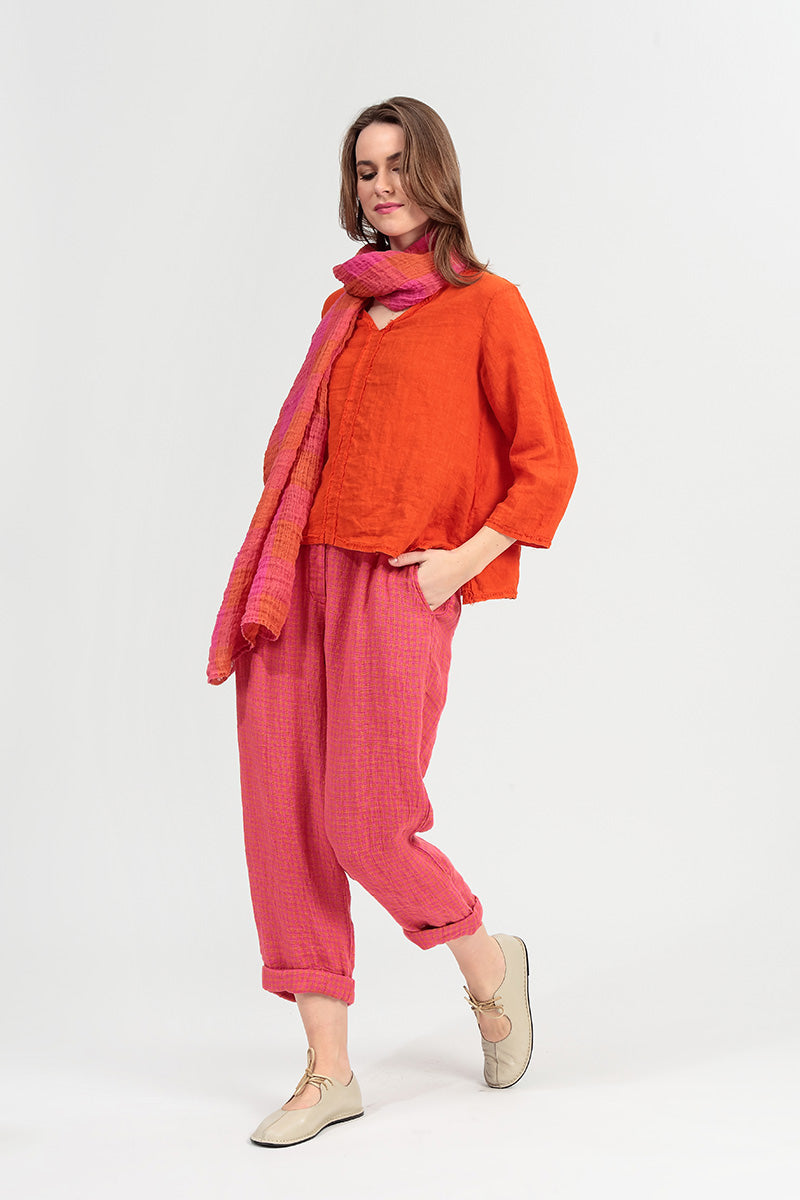 Roll Up Pink Orange Check Linen Trousers 7