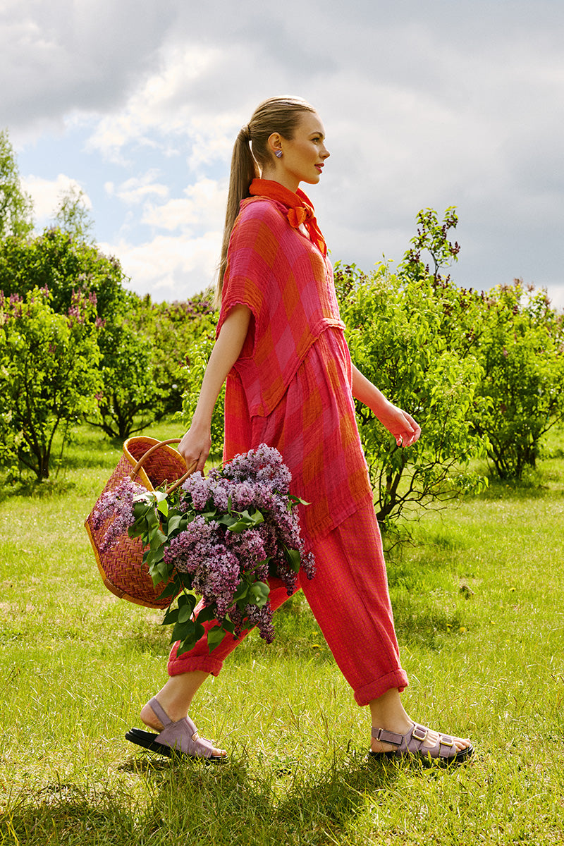 Roll Up Pink Orange Check Linen Trousers 8
