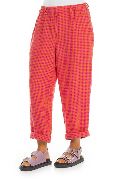 Roll Up Pink Orange Check Linen Trousers 3