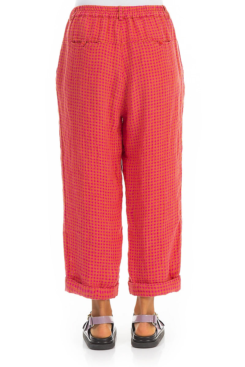 Roll Up Pink Orange Check Linen Trousers 2