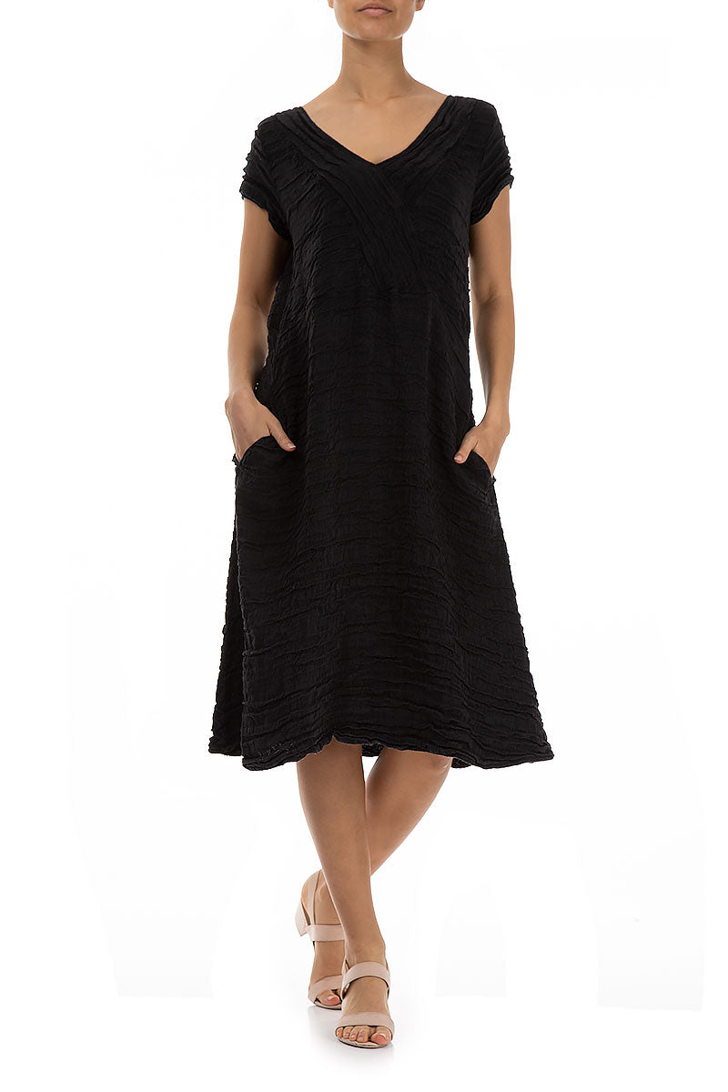 Romantic Black Crinkled Silk Linen Dress 4