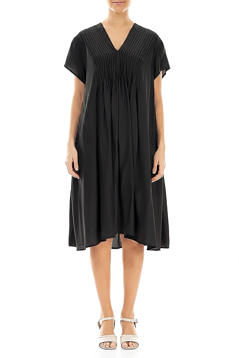 Romantic Front Tucks Black Silk Bamboo Dress 1