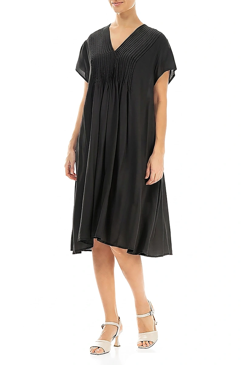 Romantic Front Tucks Black Silk Bamboo Dress 3