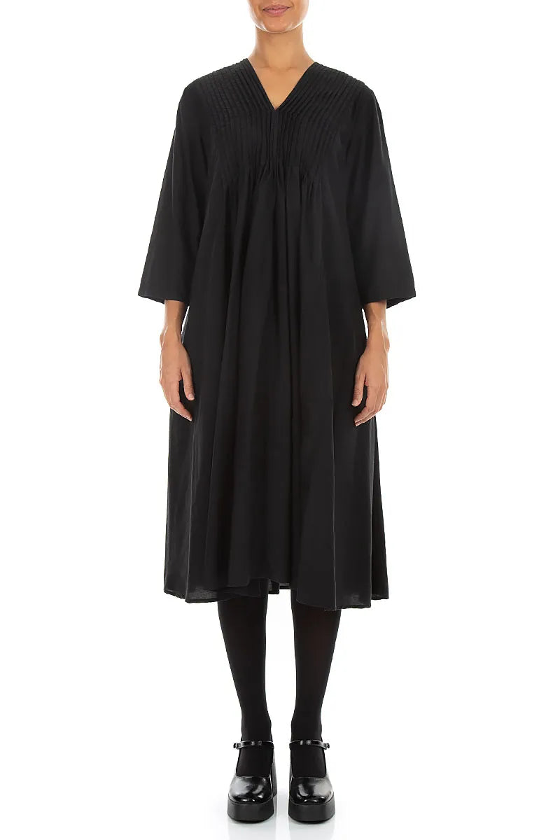 Romantic Pin Tuck Black Silk Bamboo Dress