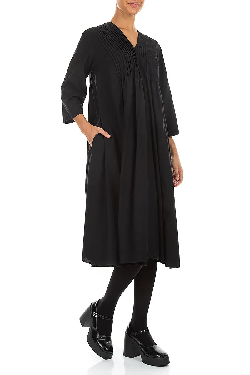 Romantic Pin Tuck Black Silk Bamboo Dress
