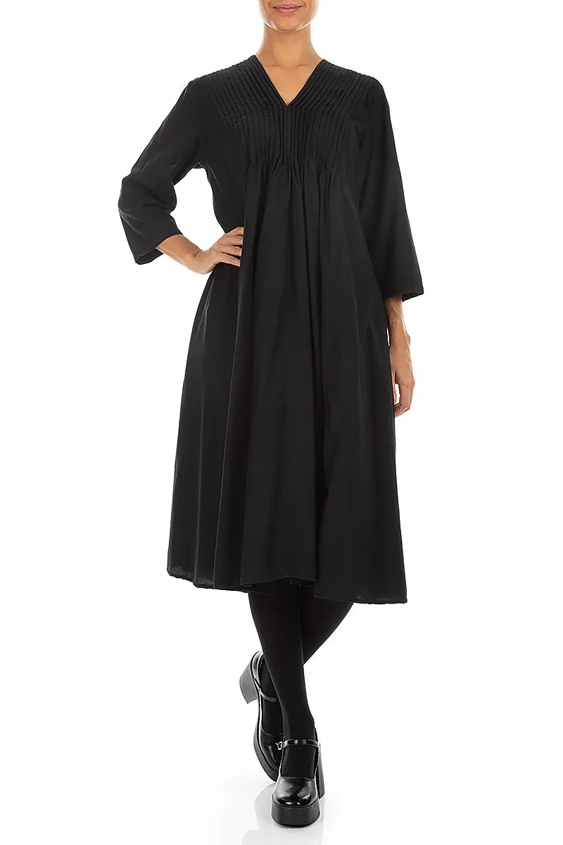 Romantic Pin Tuck Black Silk Bamboo Dress