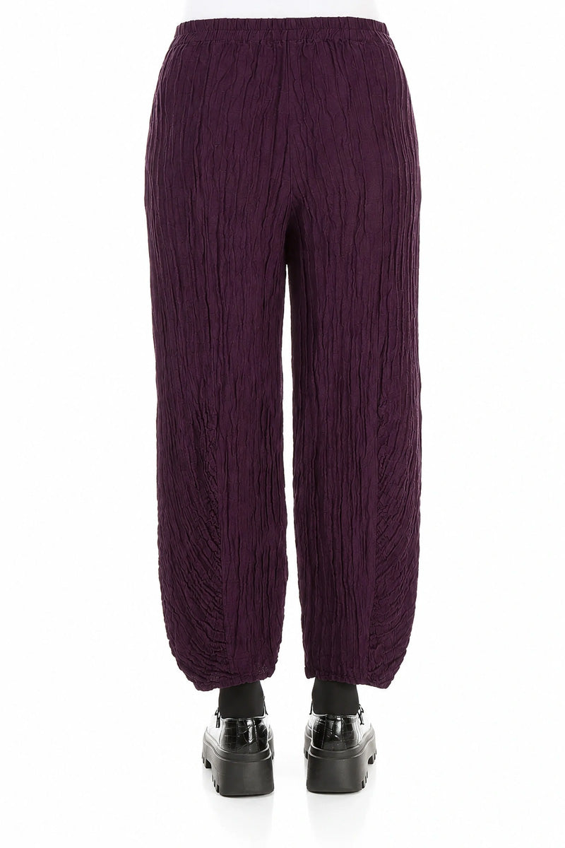 Ruched Hem Deep Plum Crinkled Silk Linen Trousers 2