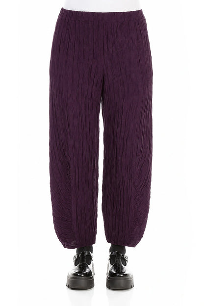 Ruched Hem Deep Plum Crinkled Silk Linen Trousers 1