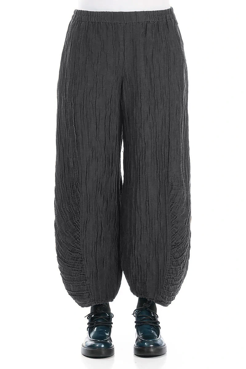 Ruched Hem Graphite Crinkled Silk Linen Trousers 1
