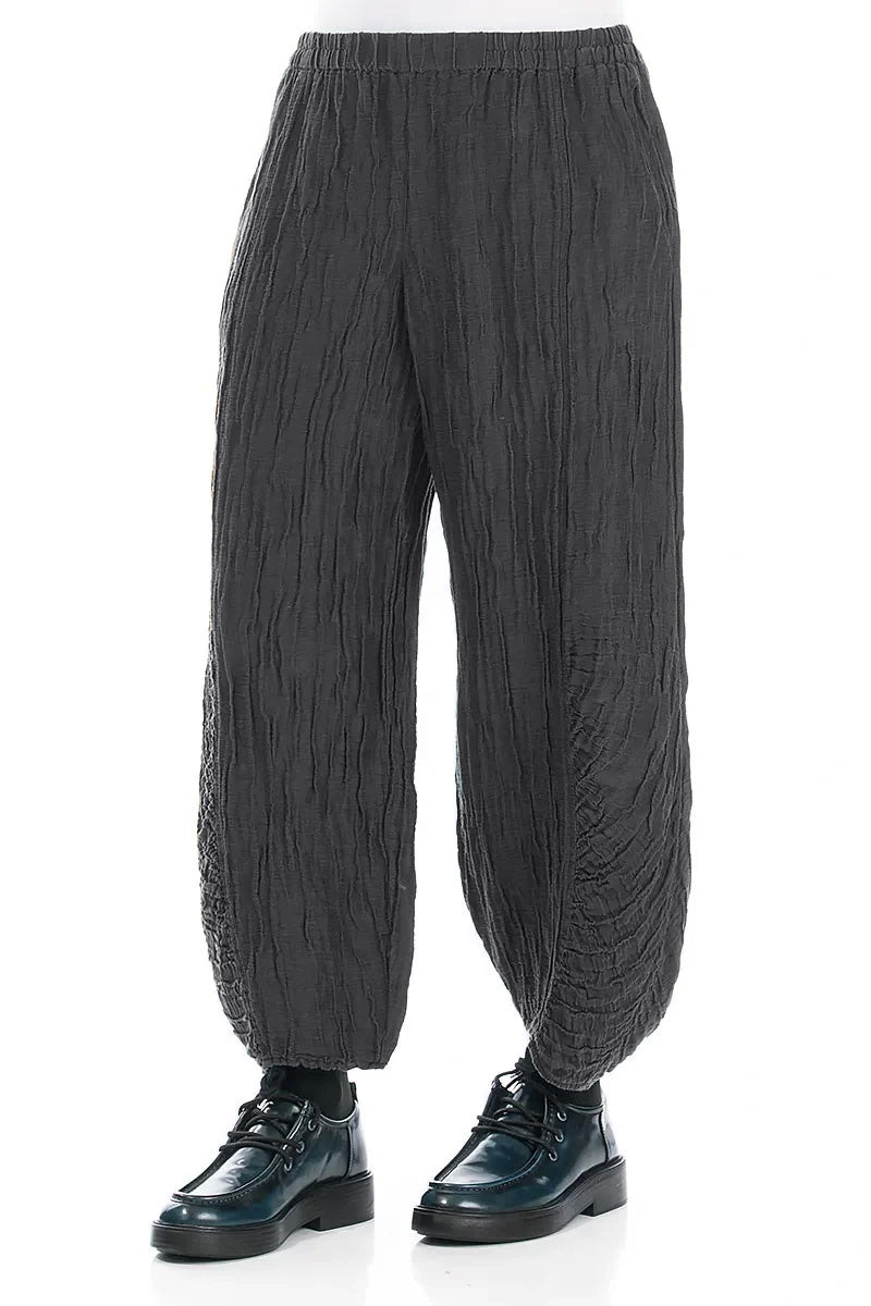 Ruched Hem Graphite Crinkled Silk Linen Trousers 3