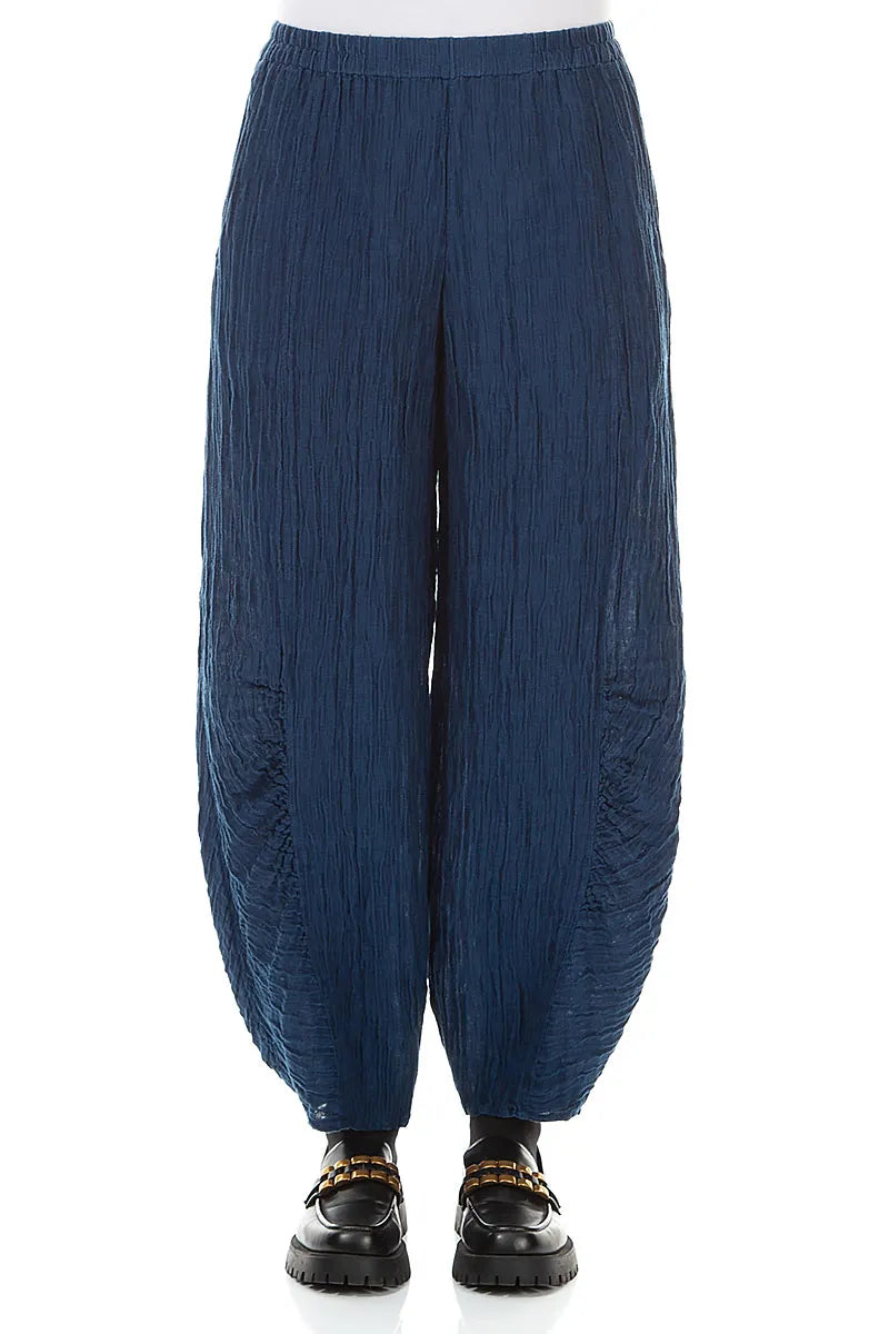 Ruched Hem Royal Blue Crinkled Silk Trousers