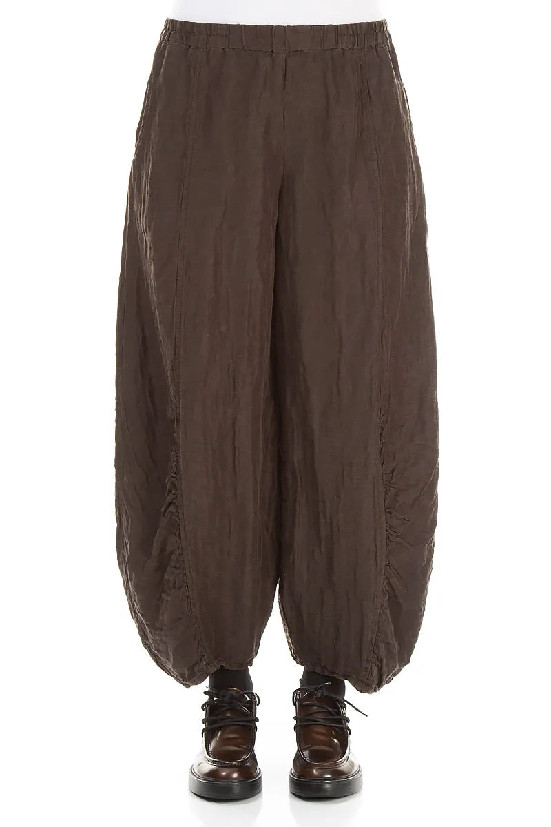 Ruched Hem Textured Forest Brown Silk Linen Trousers 1
