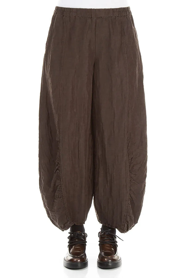 Ruched Hem Textured Forest Brown Silk Linen Trousers 1