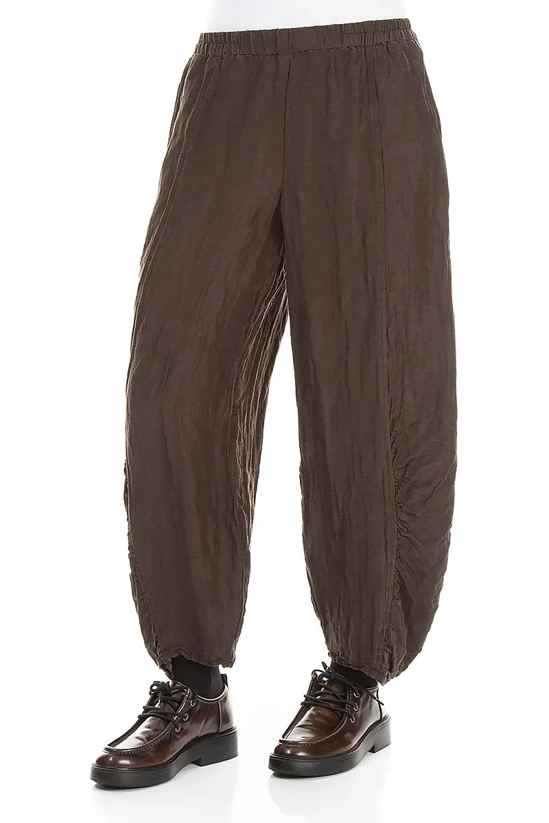 Ruched Hem Textured Forest Brown Silk Linen Trousers 3