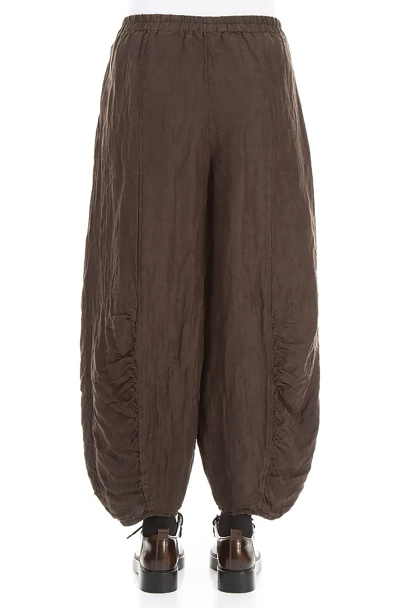 Ruched Hem Textured Forest Brown Silk Linen Trousers 2