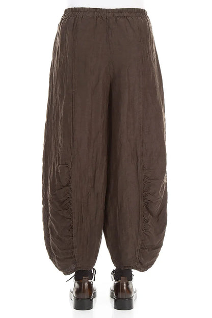 Ruched Hem Textured Forest Brown Silk Linen Trousers 2