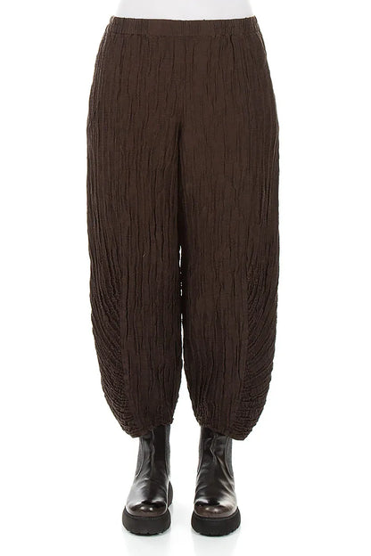 Ruched Hem Truffle Brown Crinkled Silk Linen Trousers 1