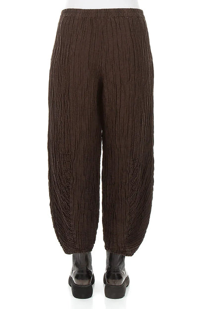 Ruched Hem Truffle Brown Crinkled Silk Linen Trousers 2