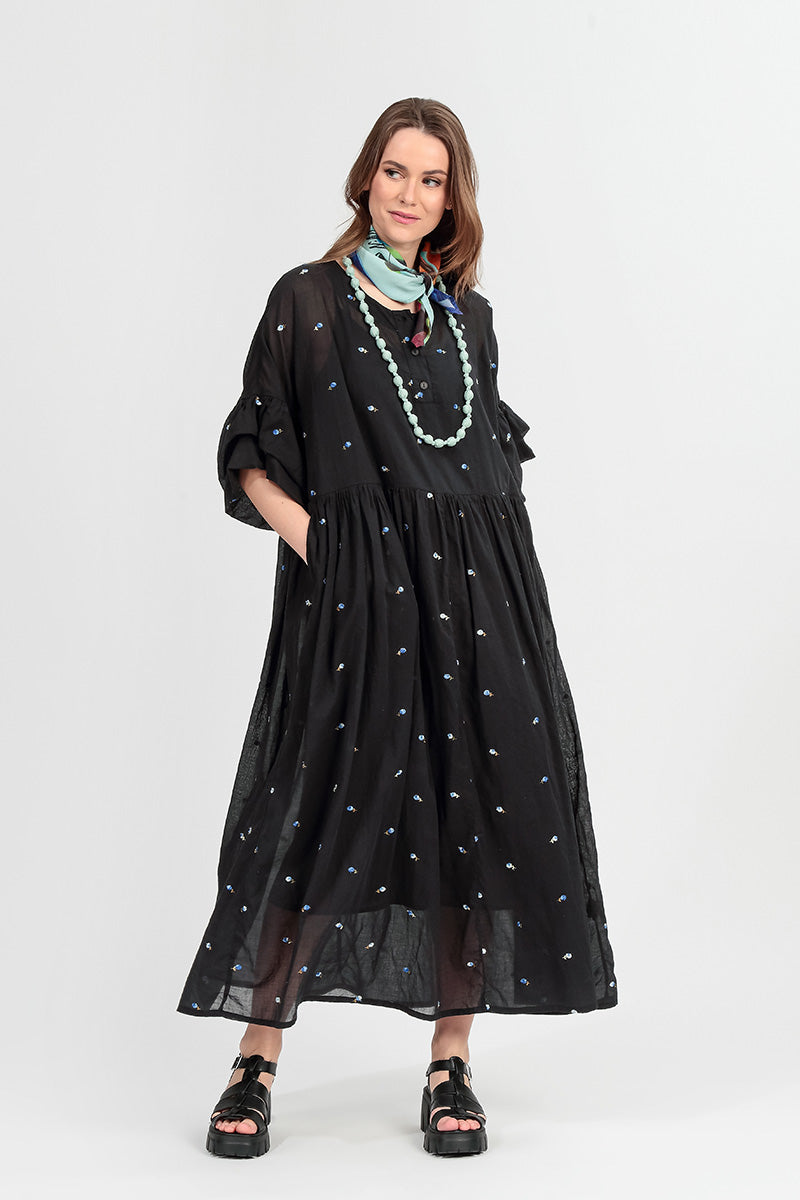 Ruffle Sleeve Black Embroidered Petals Cotton Dress 1