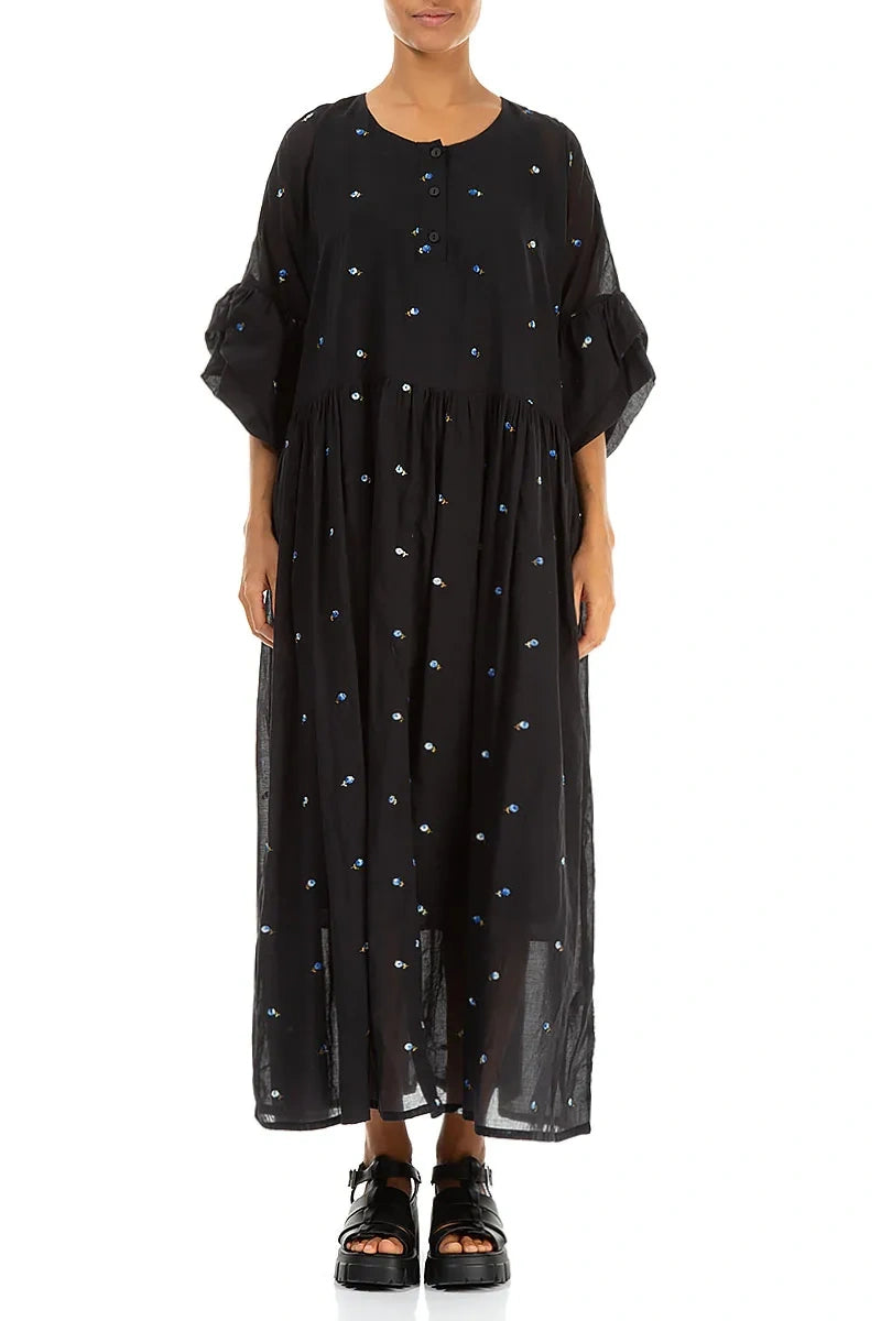 Ruffle Sleeve Black Embroidered Petals Cotton Dress 2