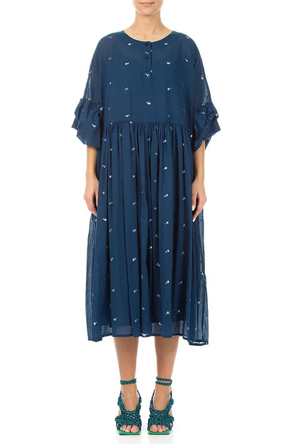 Ruffle Sleeve Navy Embroidered Petals Cotton Dress 1