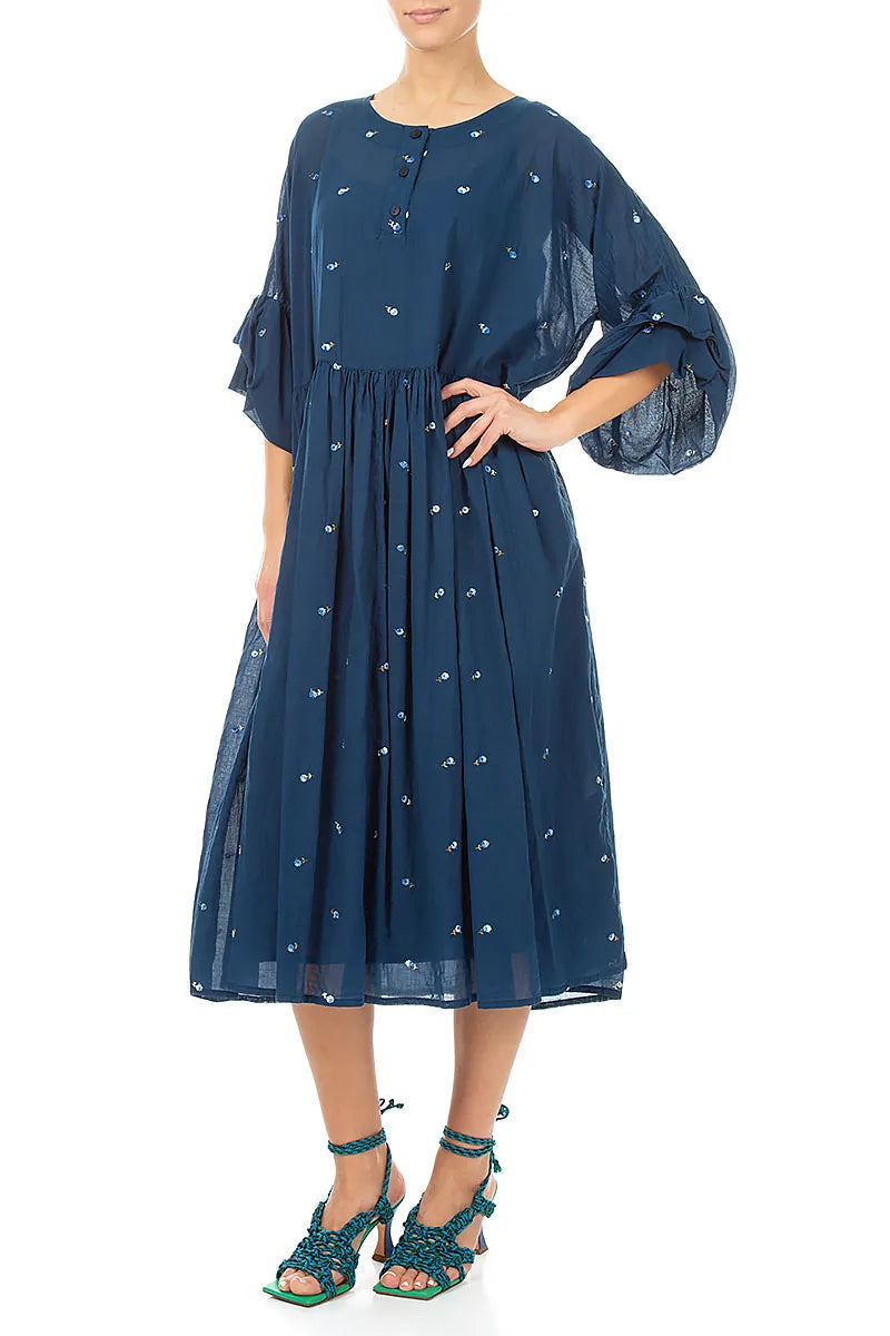 Ruffle Sleeve Navy Embroidered Petals Cotton Dress 3