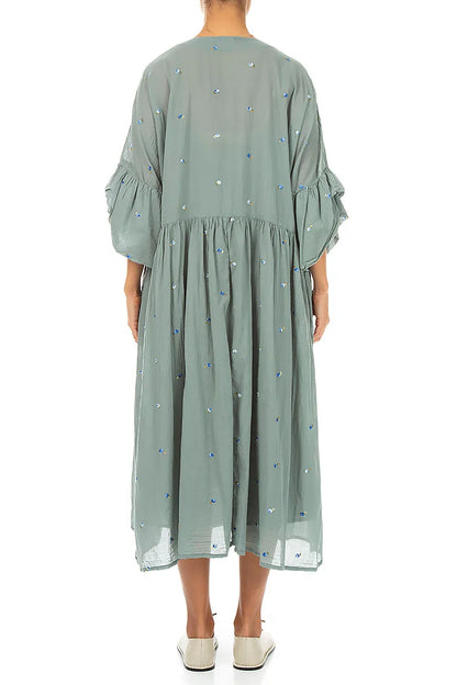 Ruffle Sleeve Sage Embroidered Petals Cotton Dress 2