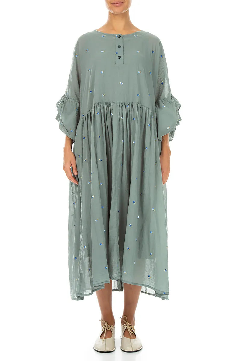 Ruffle Sleeve Sage Embroidered Petals Cotton Dress 1