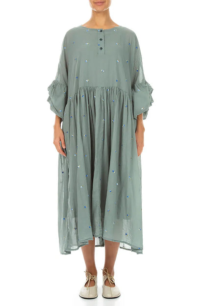 Ruffle Sleeve Sage Embroidered Petals Cotton Dress 1