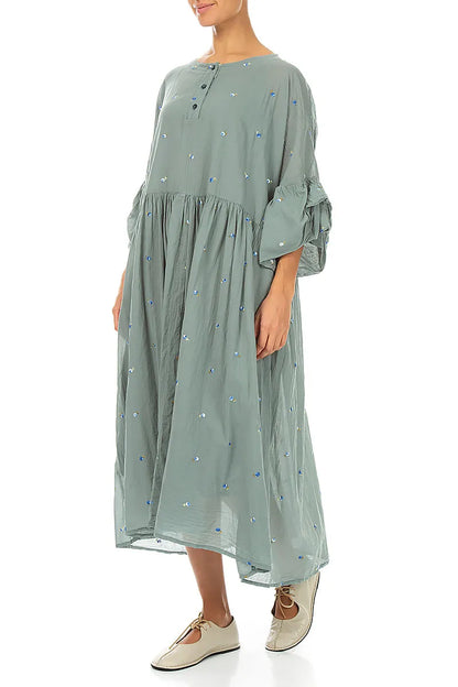 Ruffle Sleeve Sage Embroidered Petals Cotton Dress 3