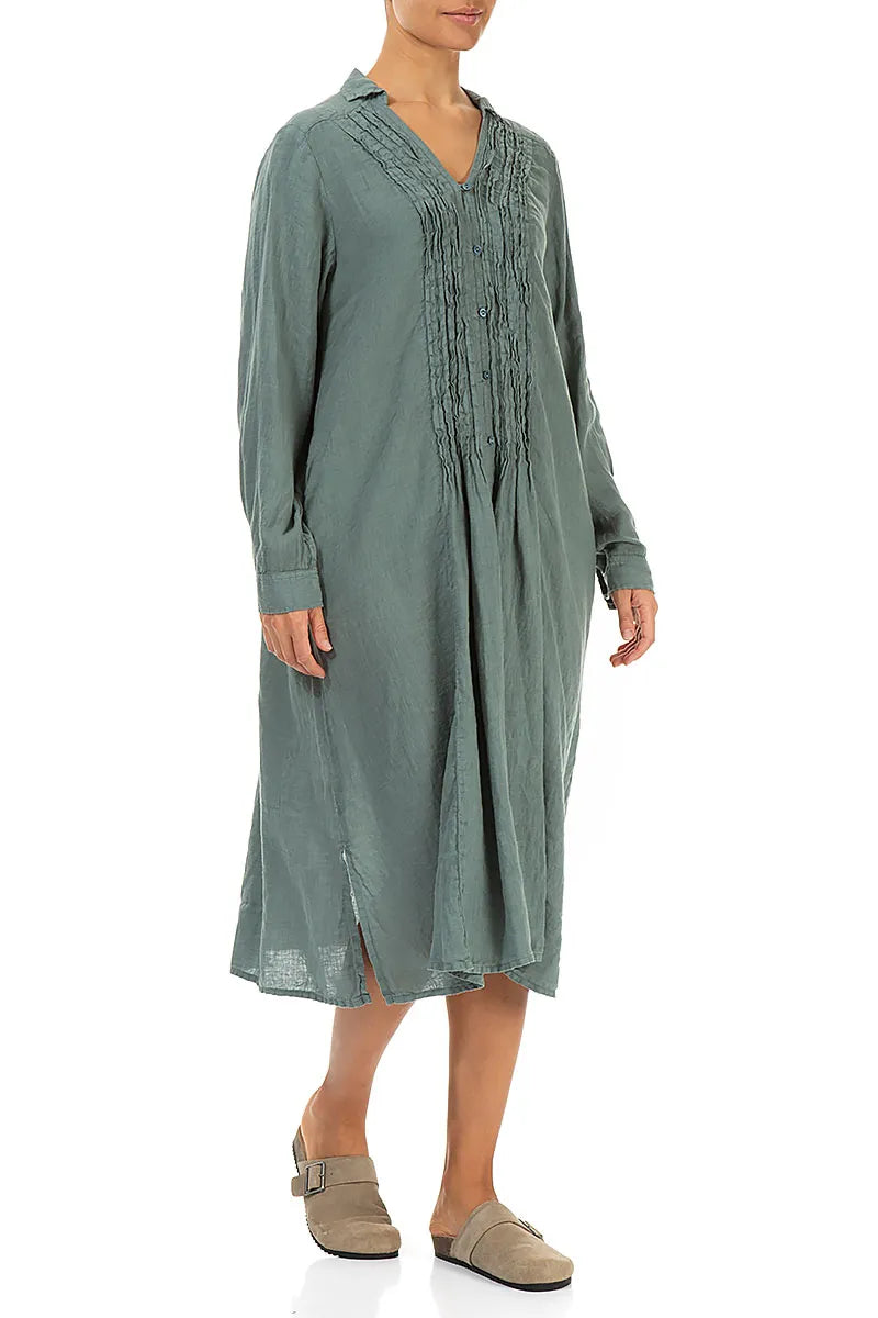 Sage Pintuck Linen Shirt Dress 3