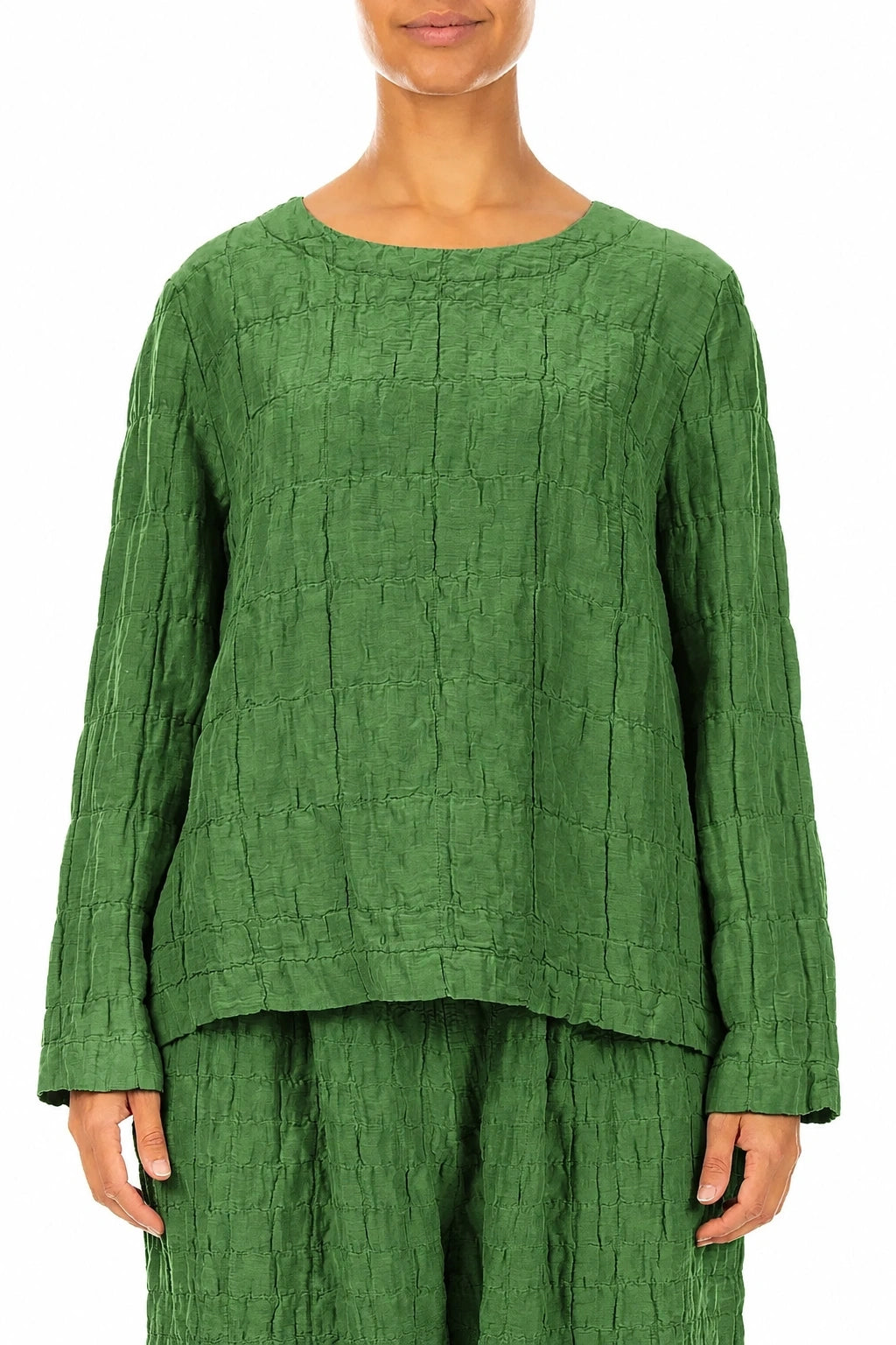 Shamrock Green Pleated Silk Linen Blouse 1