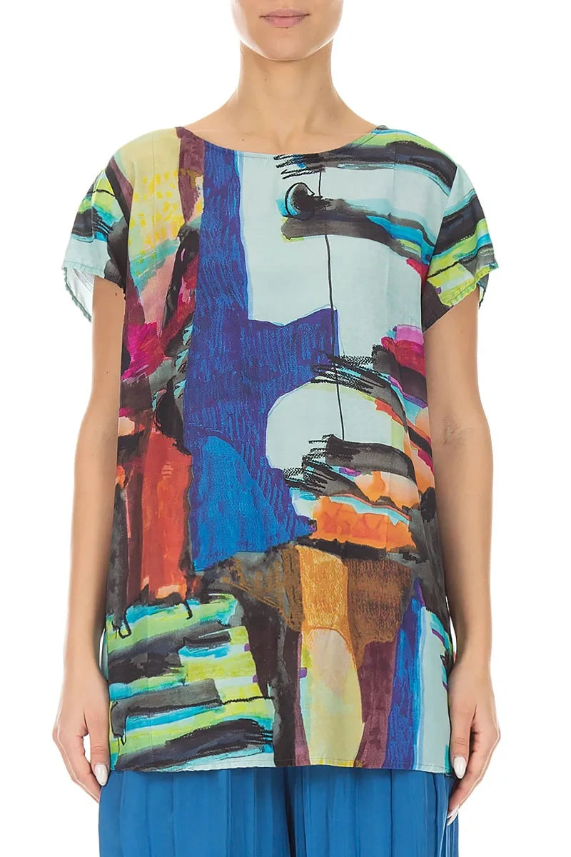 Short Sleeves Abstract Silk Bamboo Top 1