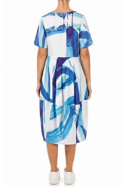 Short Sleeves Balloon Blue Brushstroke Linen Dress 2