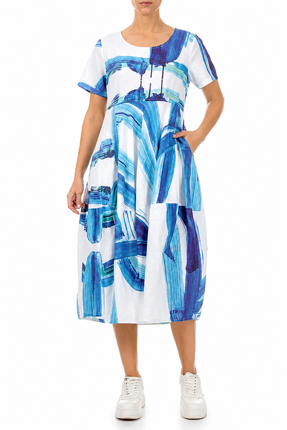 Short Sleeves Balloon Blue Brushstroke Linen Dress 3