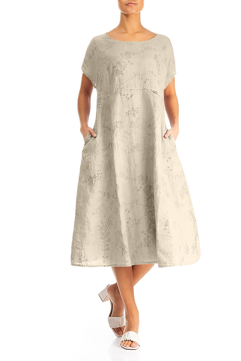 Short Sleeves Beige Blossom Linen Dress 3