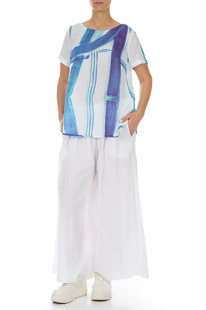 Short Sleeves Blue Brushstroke Linen Top 4