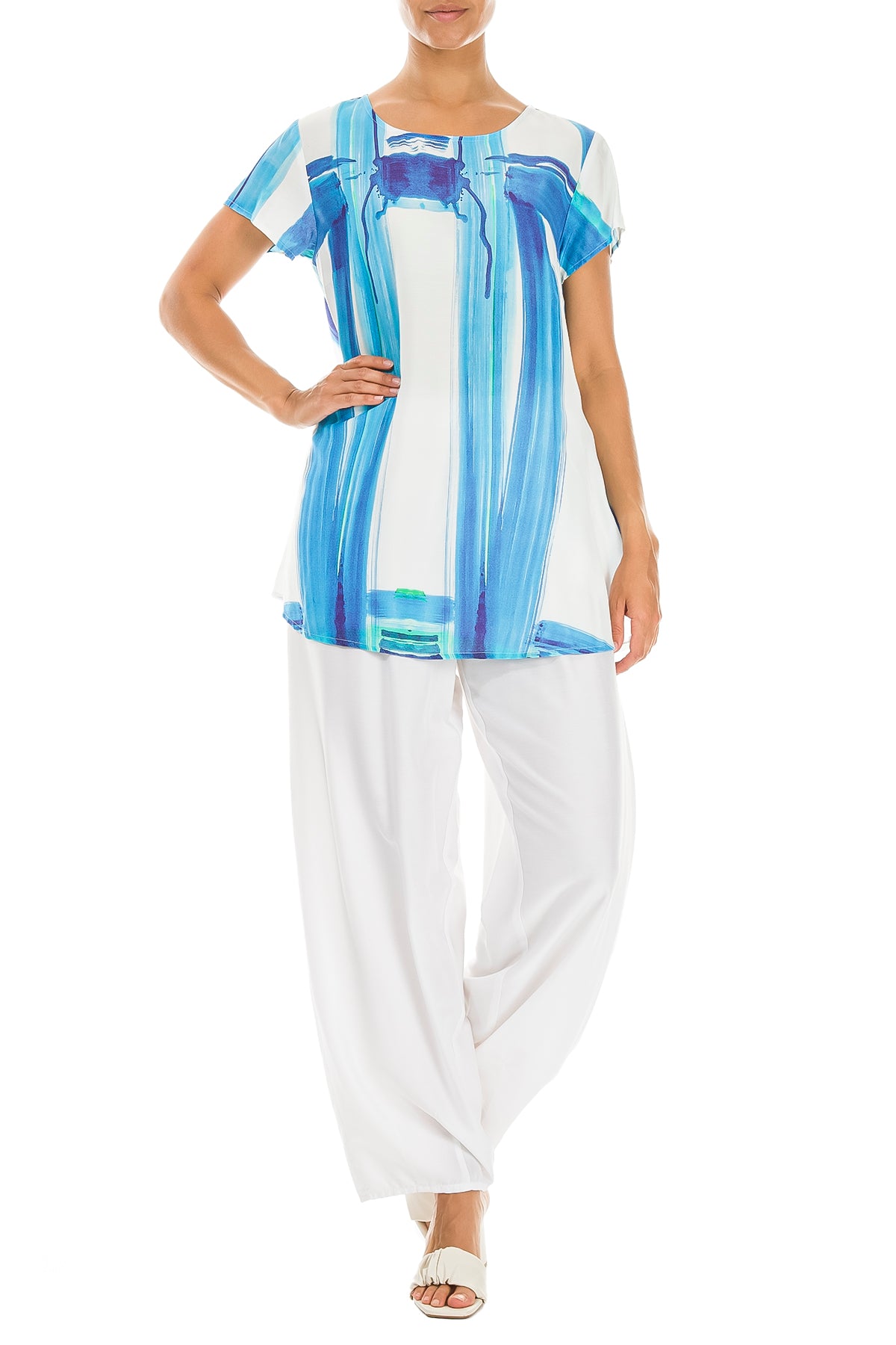 Short Sleeves Blue Brushstroke Silk Bamboo Top 6