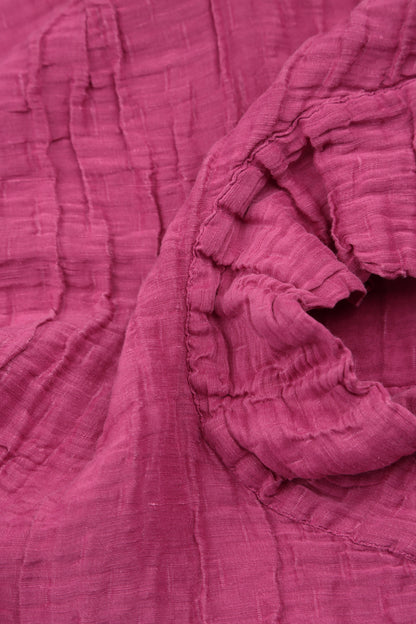 Short Sleeves Cowl Neck Fuchsia Crinkled Silk Linen Dress 7