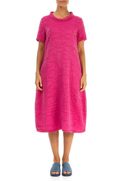 Short Sleeves Cowl Neck Fuchsia Crinkled Silk Linen Dress 1