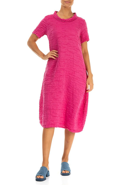 Short Sleeves Cowl Neck Fuchsia Crinkled Silk Linen Dress 3