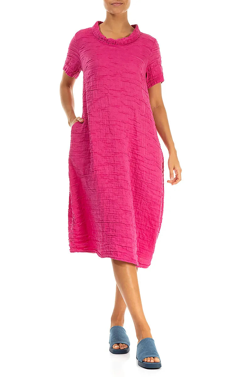 Short Sleeves Cowl Neck Fuchsia Crinkled Silk Linen Dress 4