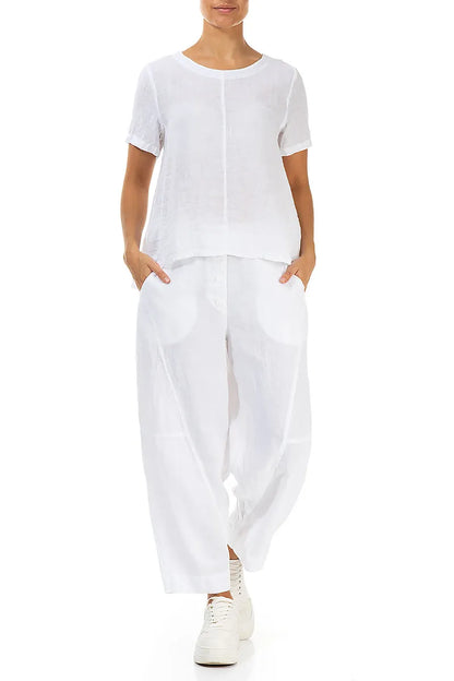 Short Sleeves Flared White Linen Top 4