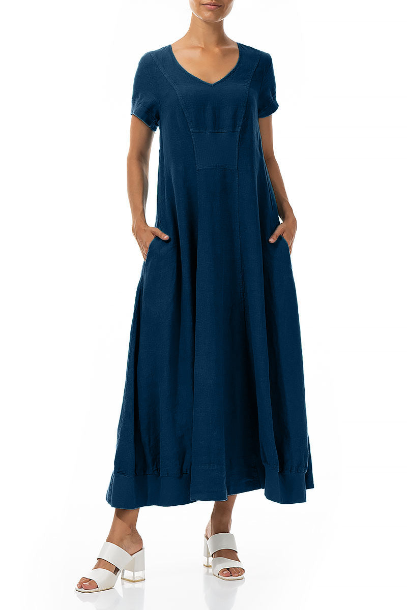 Short Sleeves Navy Linen Maxi Dress 5