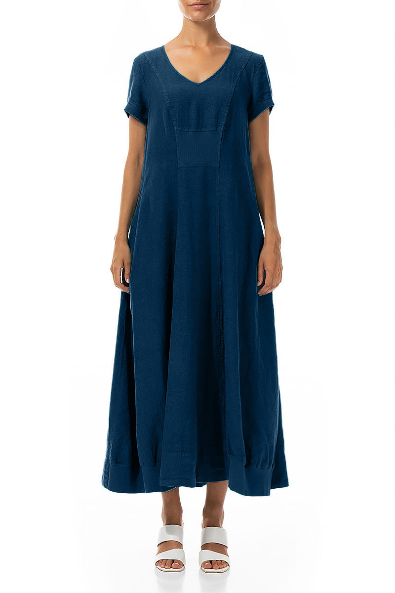 Short Sleeves Navy Linen Maxi Dress 1