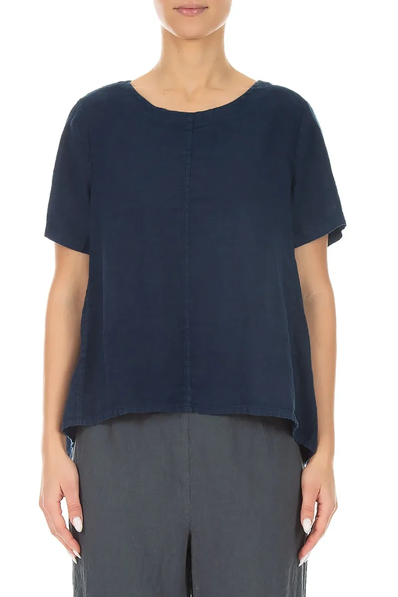 Short Sleeves Flared Navy Linen Top 1