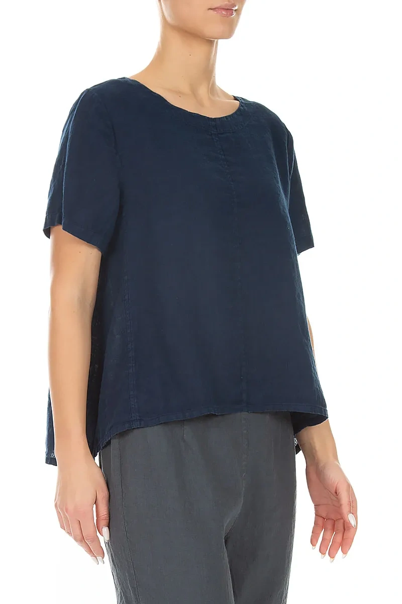 Short Sleeves Flared Navy Linen Top 3