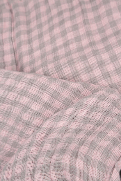Short Sleeves Pink Check Linen Dress 5